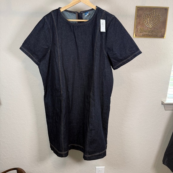 Old Navy Dresses & Skirts - Old Navy Womens XL Petite Dark Wash Denim Shift Dress Short Sleeve Back Zip